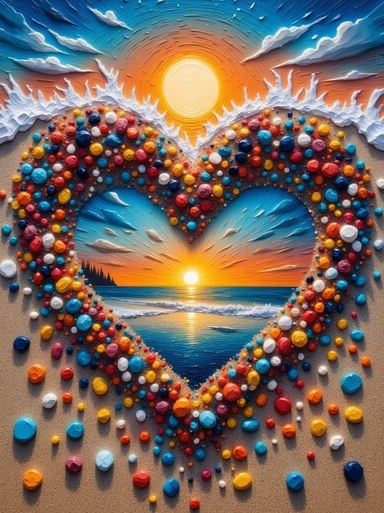 Vibrant Sunset Heart Formed by Colorful Stones on a Sandy Be...