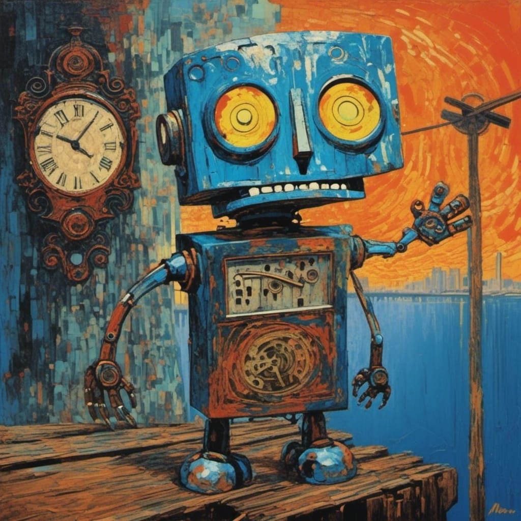 Screaming Robot on Bridge in Sin City Style