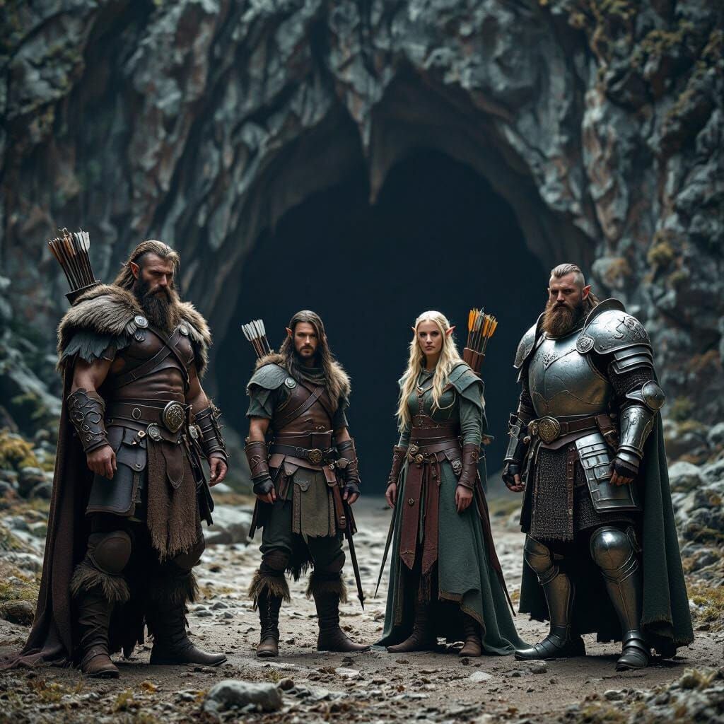 Fantasy Party Gathers Before a Dark Cave