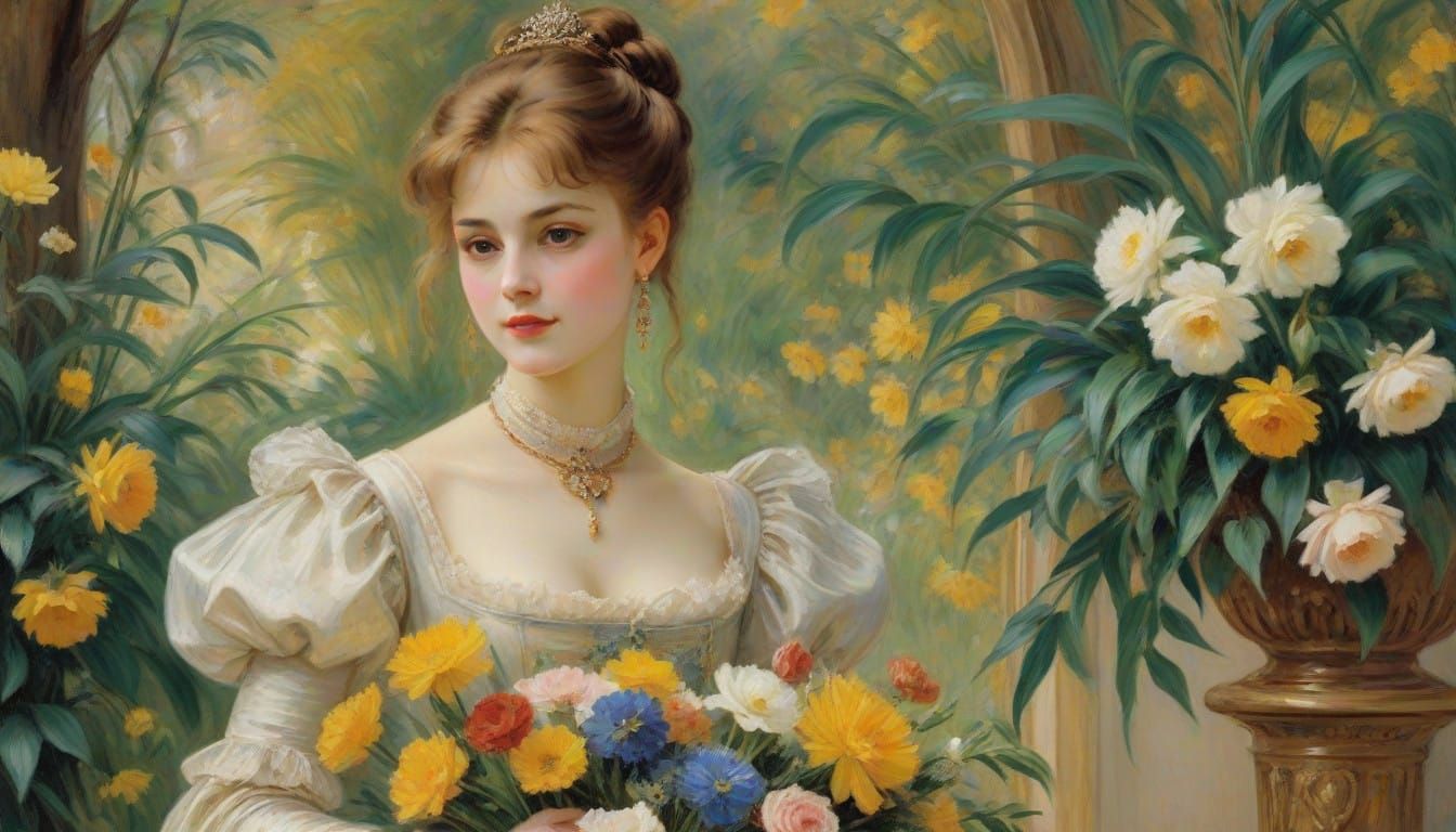Woman in Elegant 19th-Century Attire Arranging a Vibrant Bou...