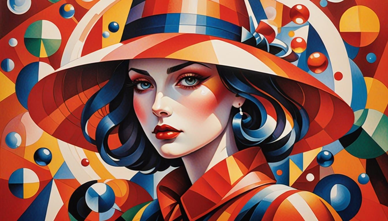 Abstract Cubist Girl in Bubbles with Red Line Art