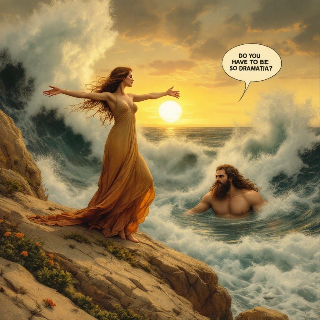 Surrealistic Mother Earth Confronts a Bored Neptune in a Jug...