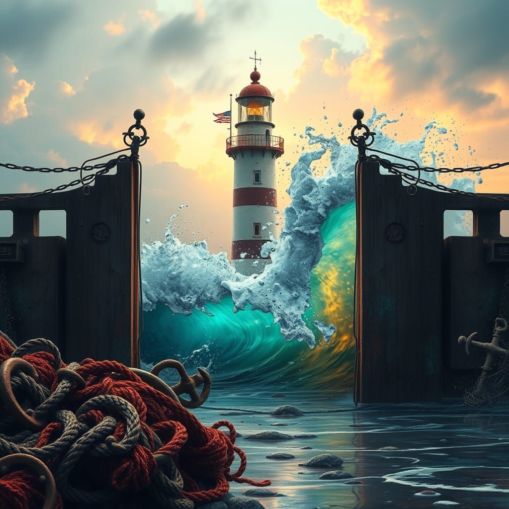 Lighthouse Guarding Port Gates with Colorful Seawater Splash