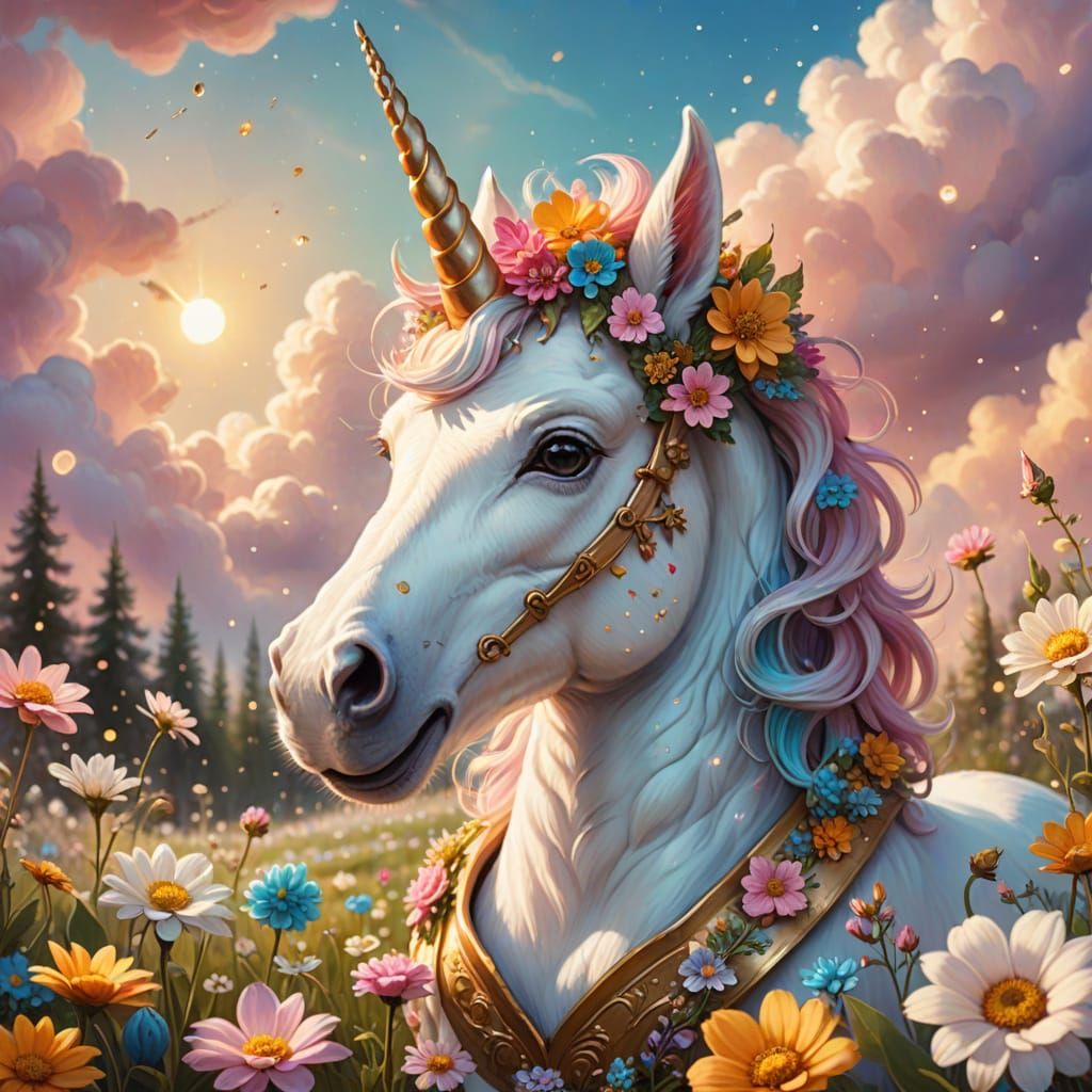 Unicorn Gnome Smiles Under Flower Clouds in Golden Hour