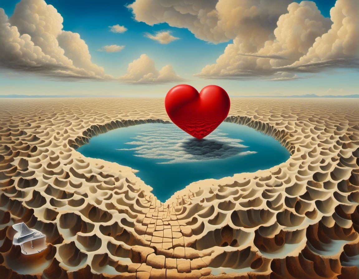Surreal Landscape with Piano Keyboard and Red Hearts