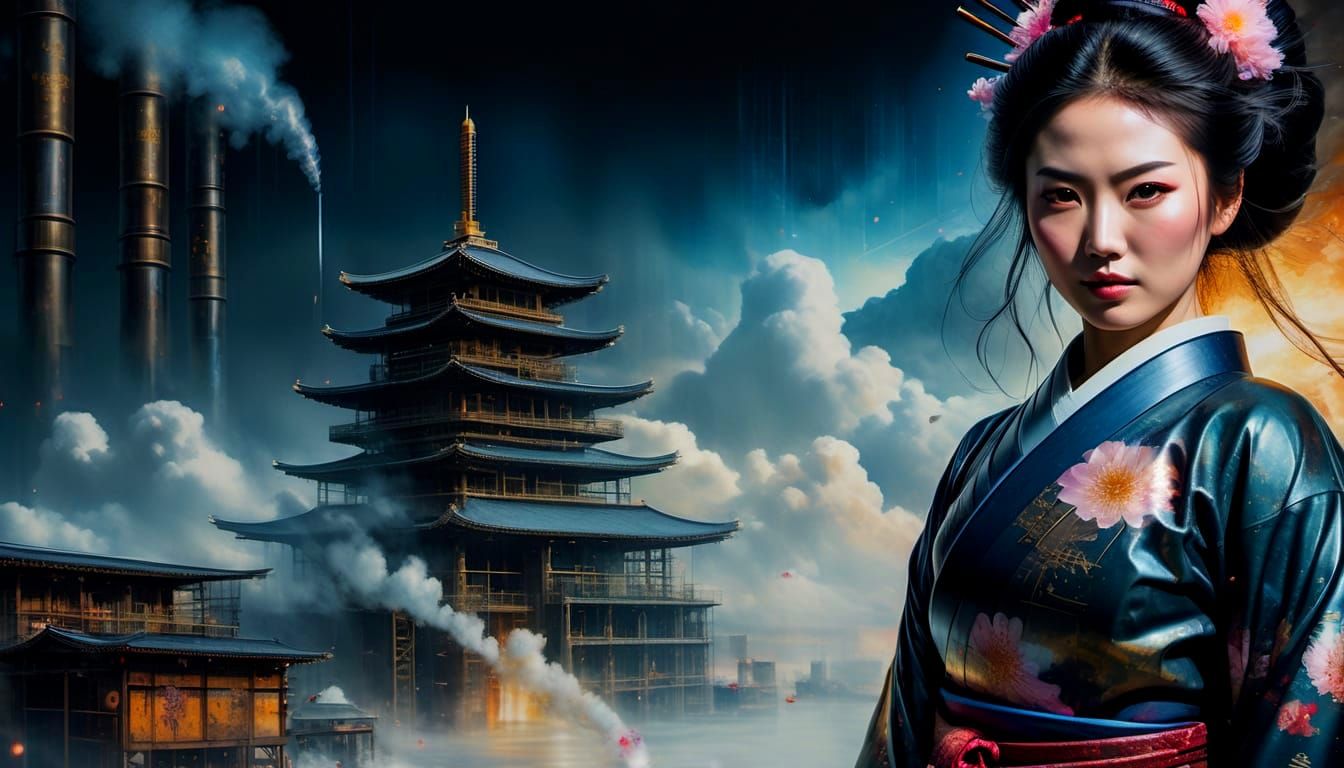 Regal Geisha Amidst Industrial Oasis