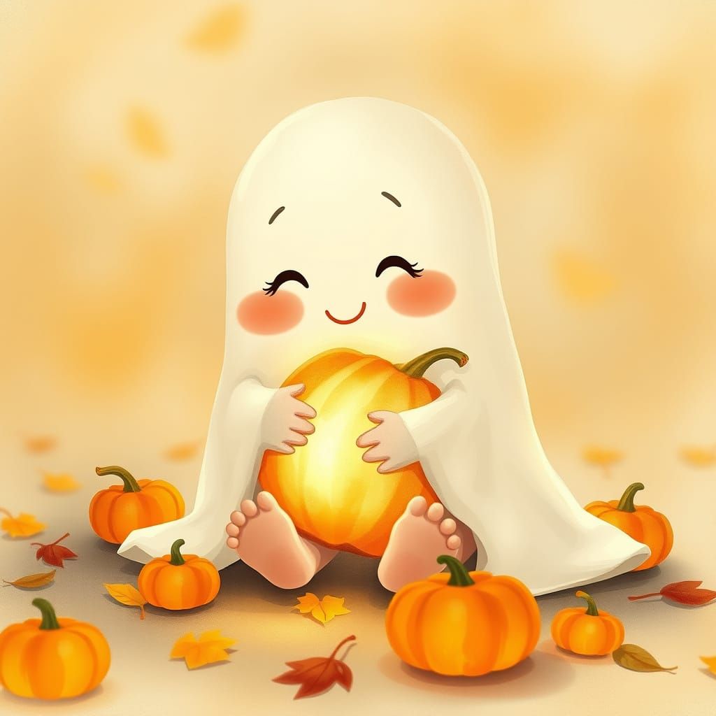 Cute Baby Ghost Hugs Glowing Pumpkin in Autumn