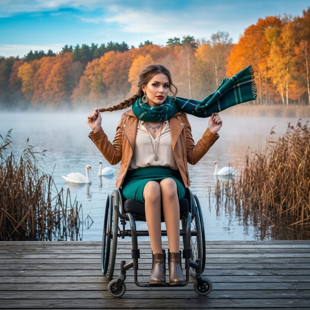 Stylish Woman on Pier Over Misty Autumn Lake
