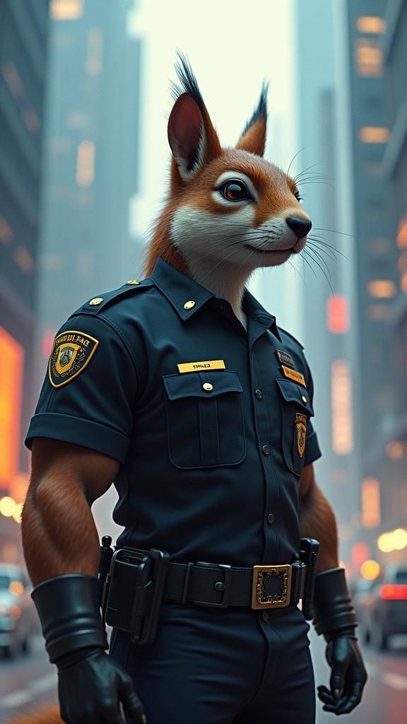 Muscular Squirrel Policeman in Dreamlike Cityscape