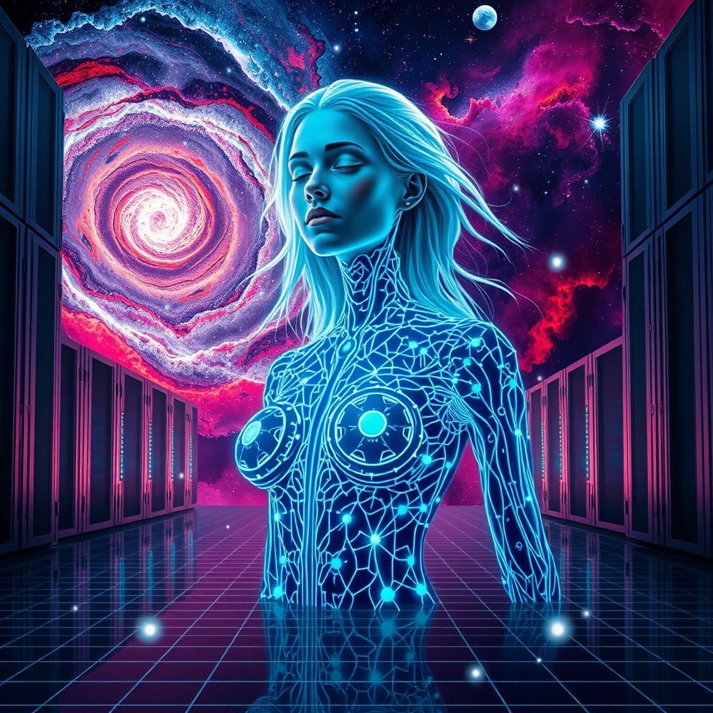 Biomechanical Woman in Cosmic Nebula, Hyper-Realistic Sci-Fi