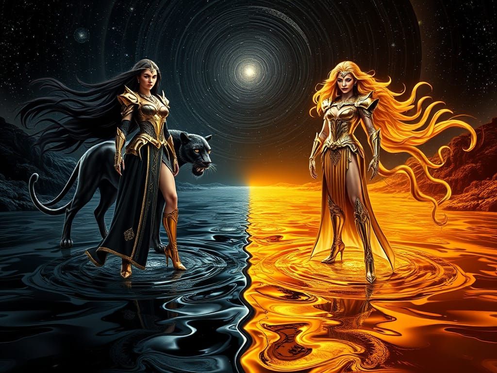 Surreal Women Stand Tall in Metallic Realm with Majestic Com...