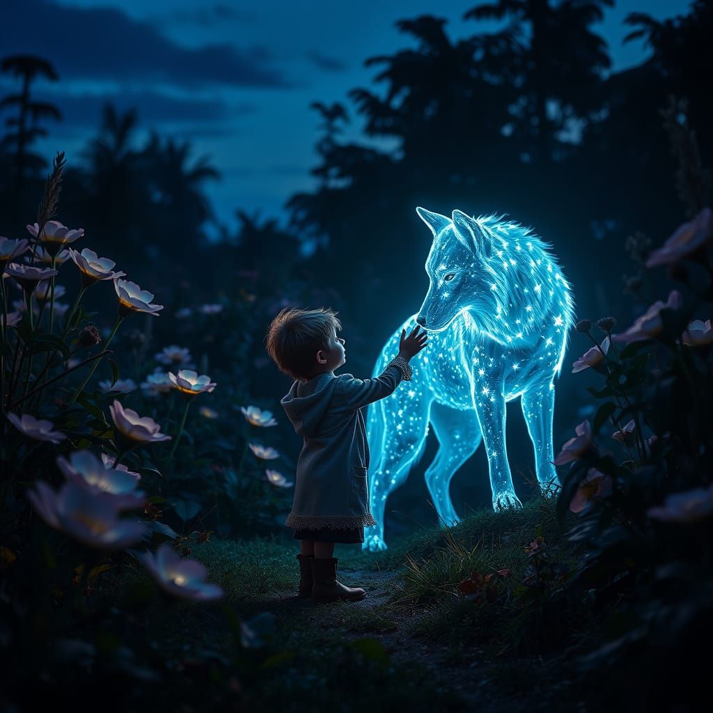 Child Reaches for Starlight Wolf in Glowing Garden