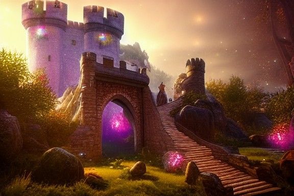 Glittering Unicorn Prances Before Castle Ruins