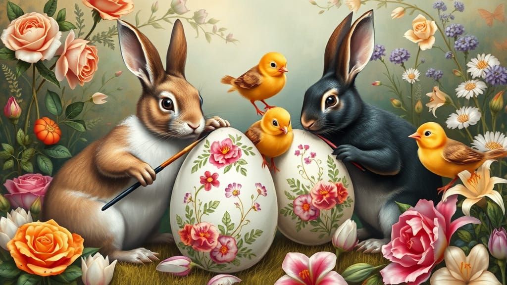 Rabbits and Chicks Painting Easter Eggs