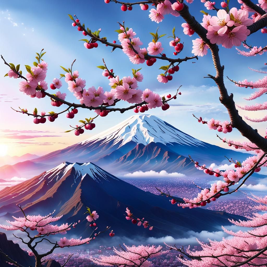 Cherry Blossom Tree on Mt. Fuji: Digital Masterpiece