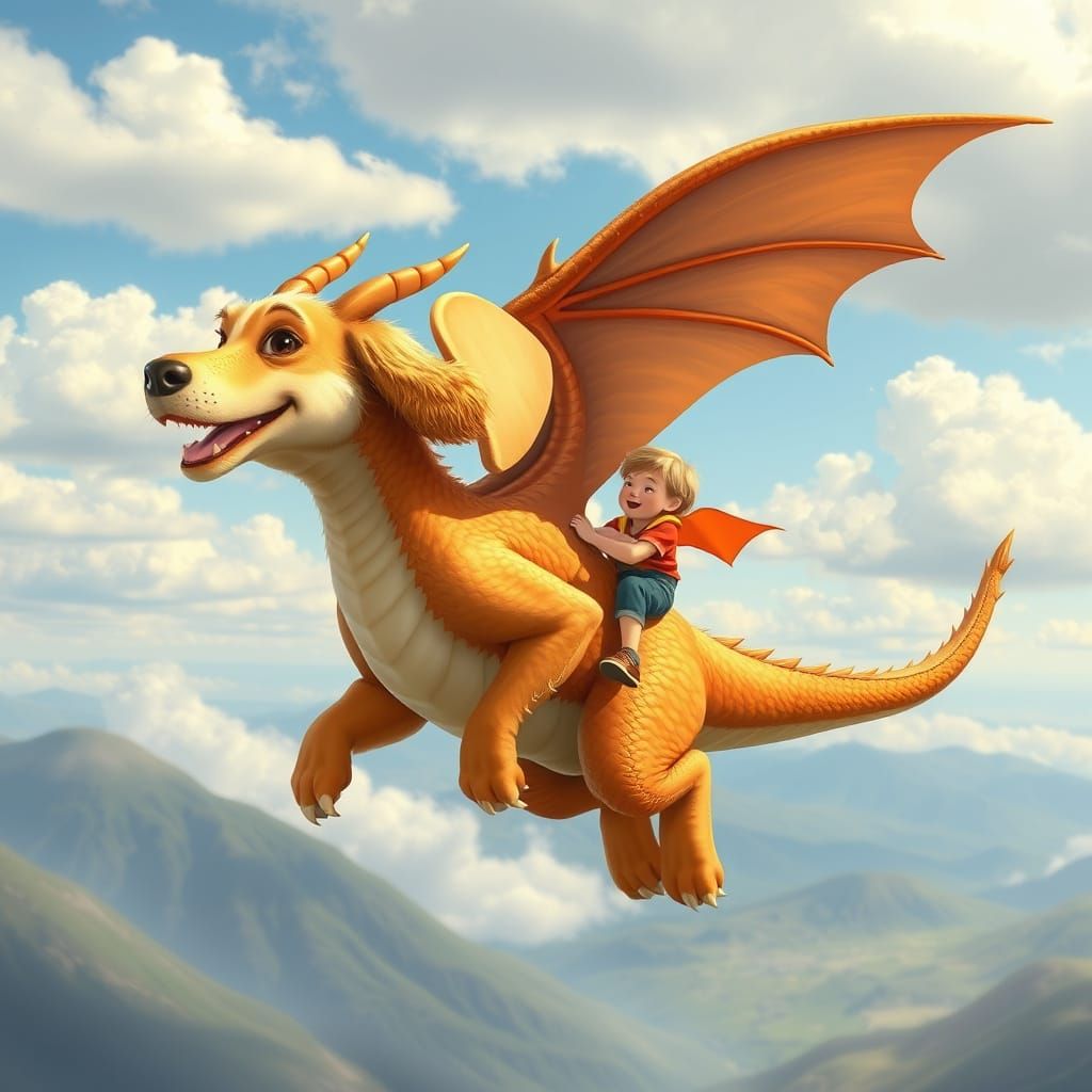 Friendly Dragon and Boy Soaring in the Sky
