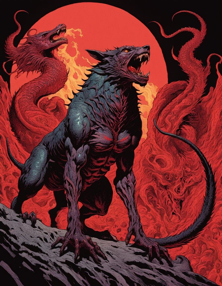 Dark Figure Rides Electric Crimson Beast Under Unholy Fire