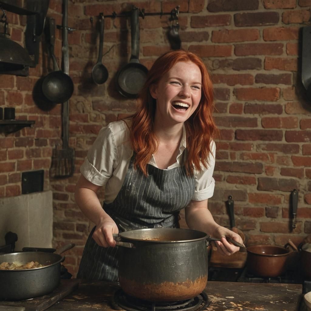 Laughing Redhead Cooks Dinner in Vintage Kitchen