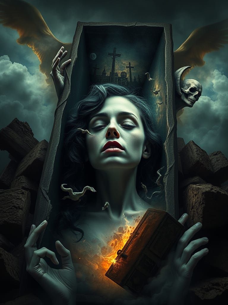 Surreal Figure Emerges from Coffin of Memories