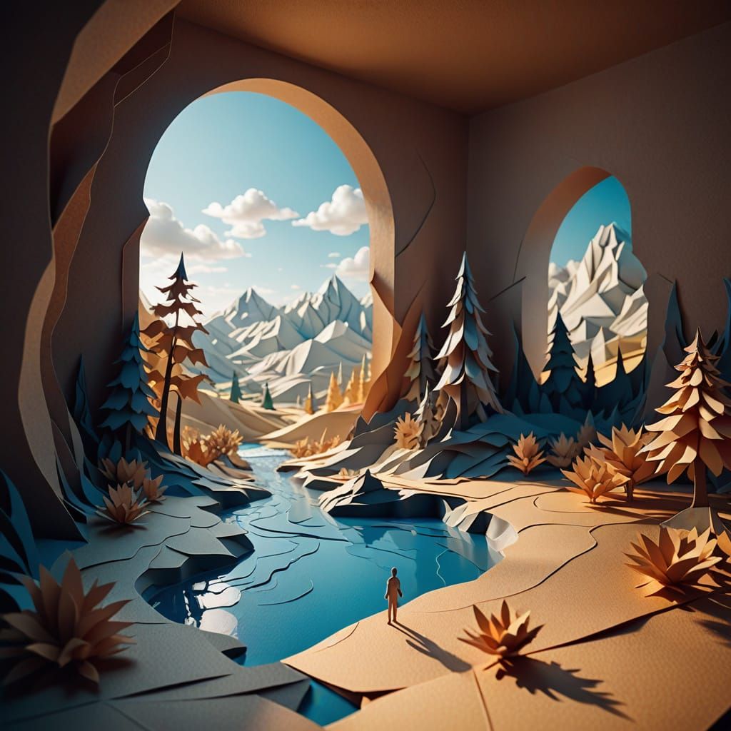 Photorealistic Paper Art Figure in Landscape