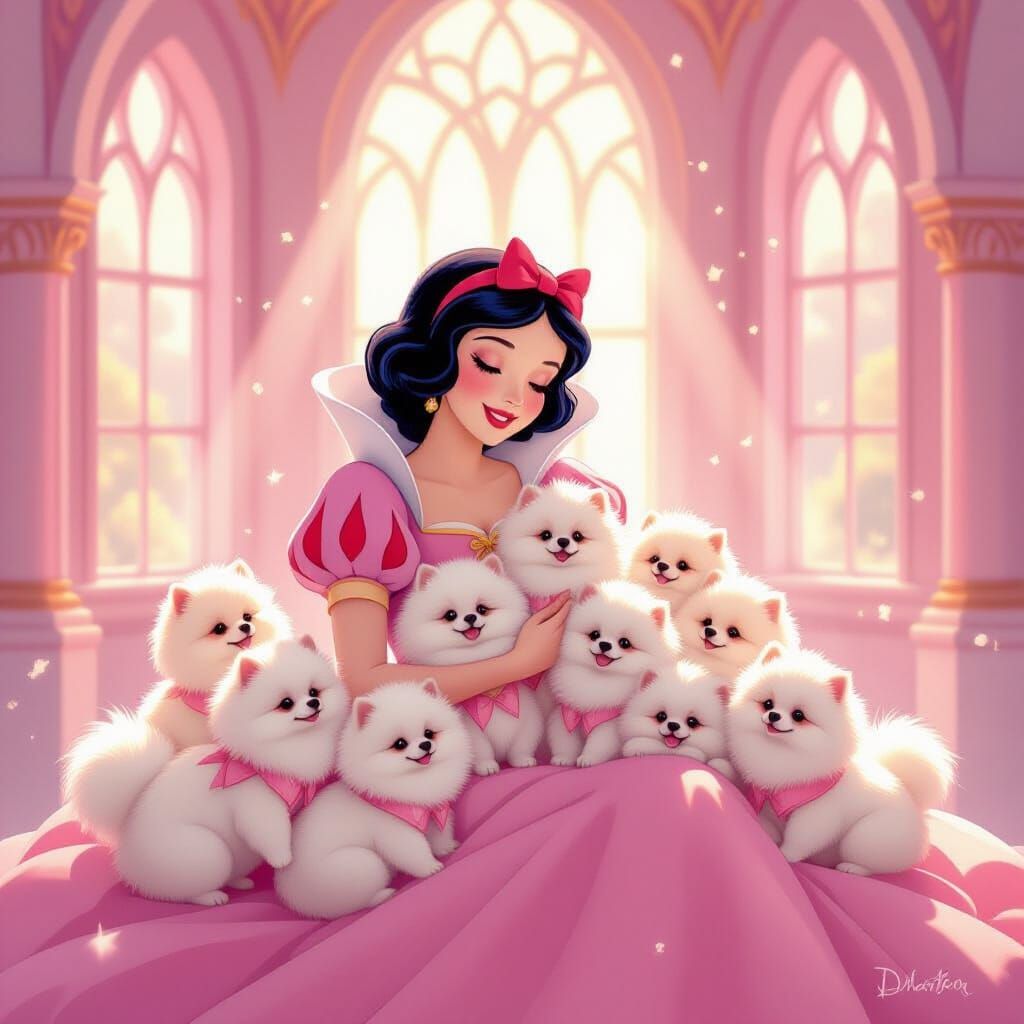 Snow White in Pink With Seven Pomeranians in Castle