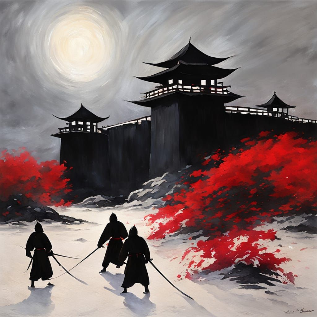 Ninjas Approach Fortress in Oil Painting