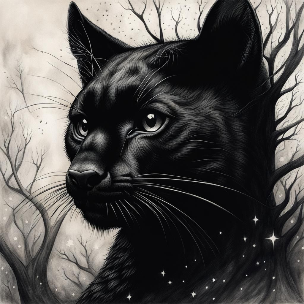 Black Panther in Starry Sky, Art Brut Drawing