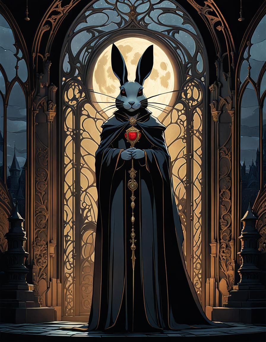 An anthropomorphic humanoid rabbit imagined as a Vampire. castle, dark, night gloomy, rain, lightning 8K resolution mast...