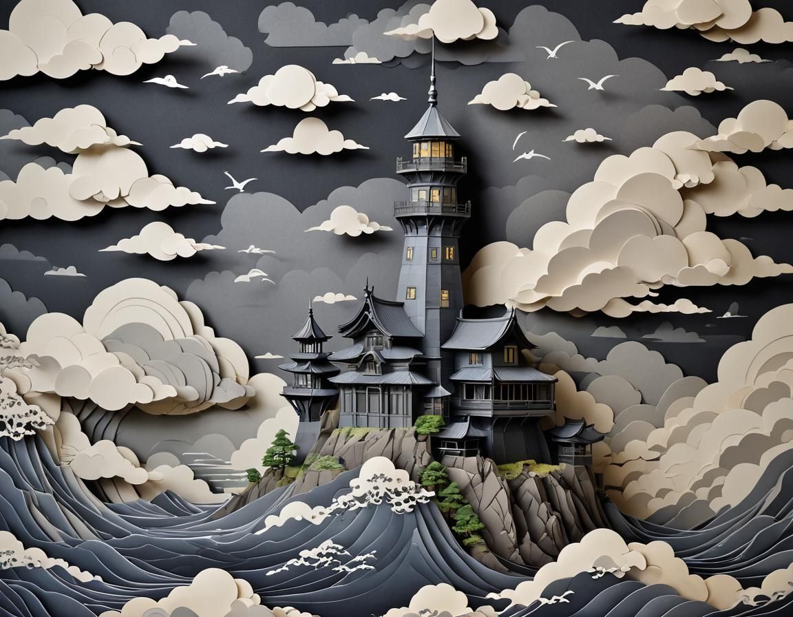 Origami Pop-Up Book: Ukiyo-e Storm with Lighthouse