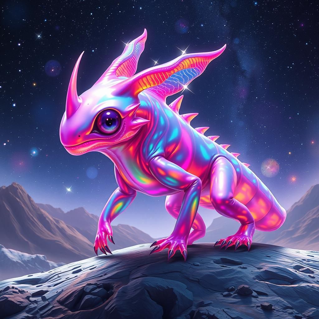 Iridescent Alien Creature in Pastel Intergalactic Landscape
