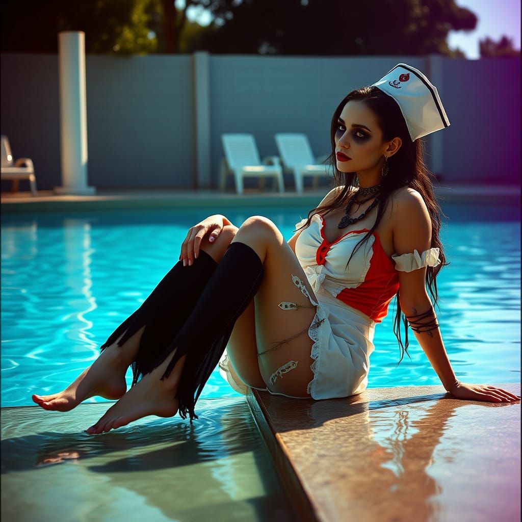 Surreal Zombie Nurse Enchants by Pool in Cinematic Film Stil...