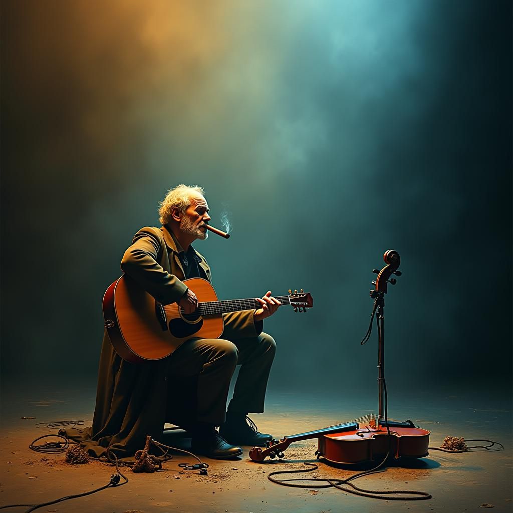 Melancholy Musician on Stage in Atmospheric Lighting