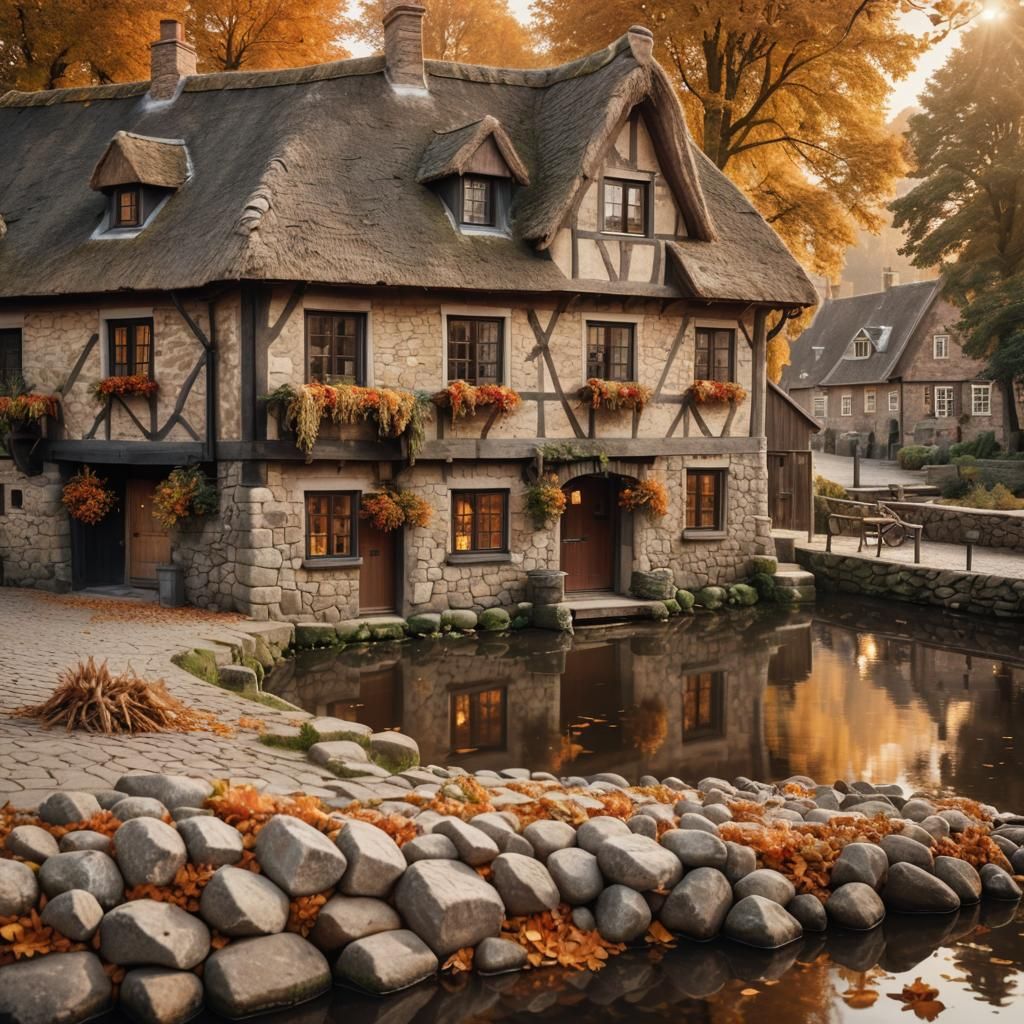 Quaint Riverside Building in Autumnal Sunlight