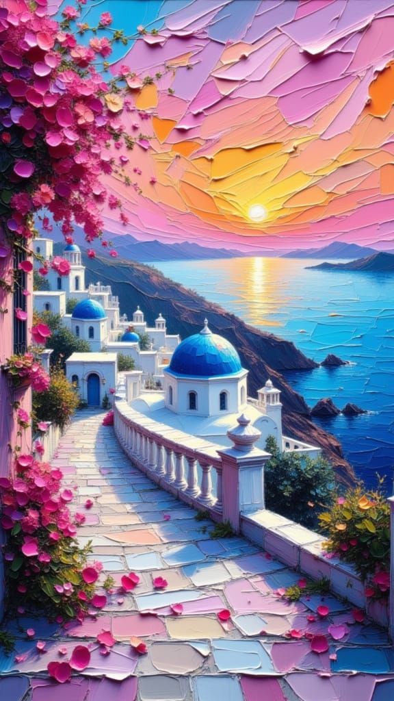 Santorini Sunset in Impasto Style