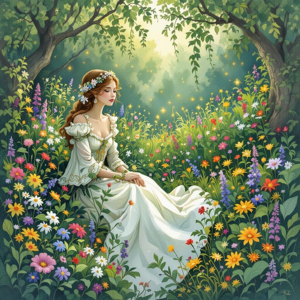 Enchanted Garden with Whimsical Woman, Mystical Realism