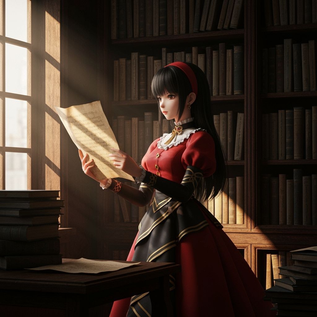 Girl in Red Finds Parchment in Dusty Bookstore