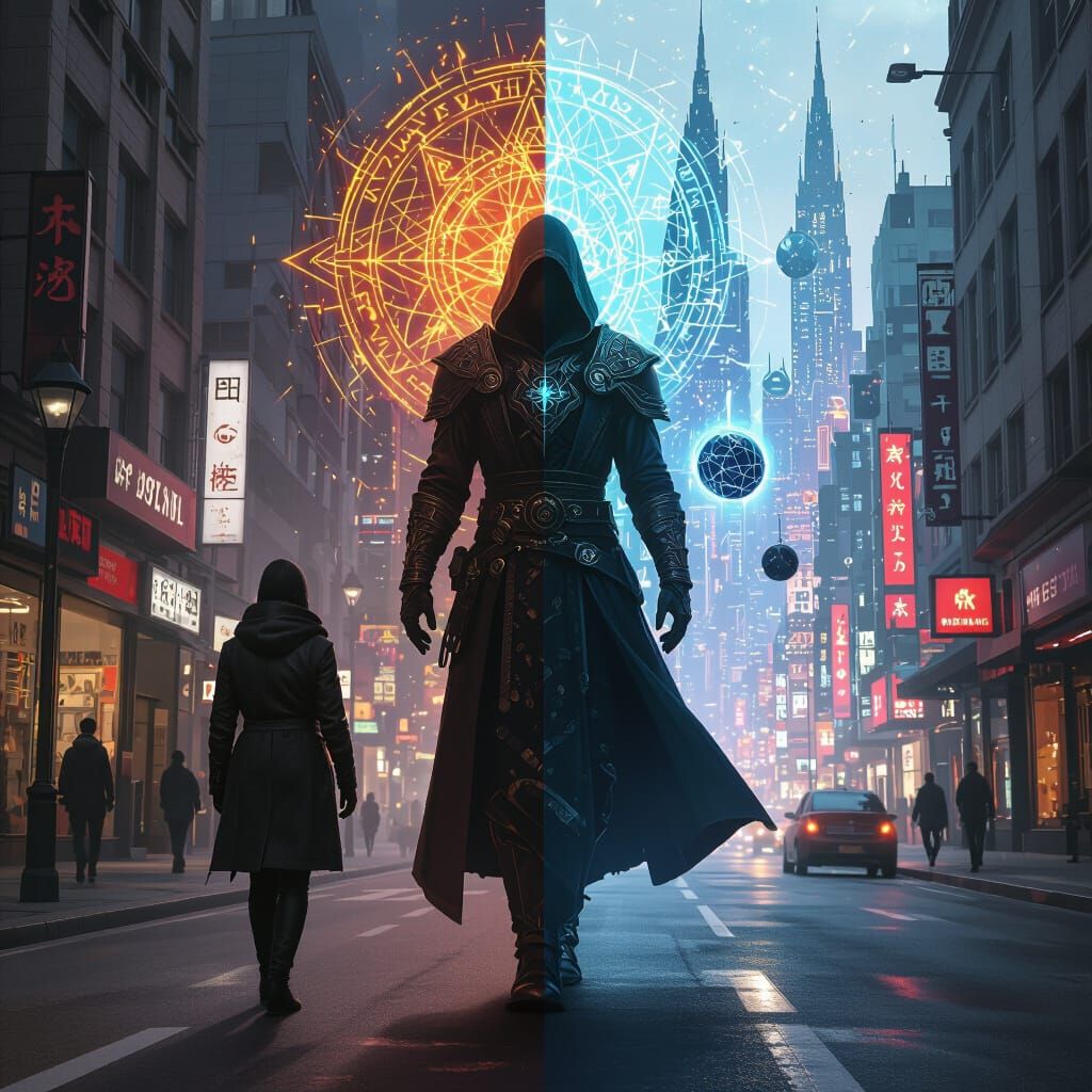 Modern Person and Sorcerer in Dystopian Cityscape