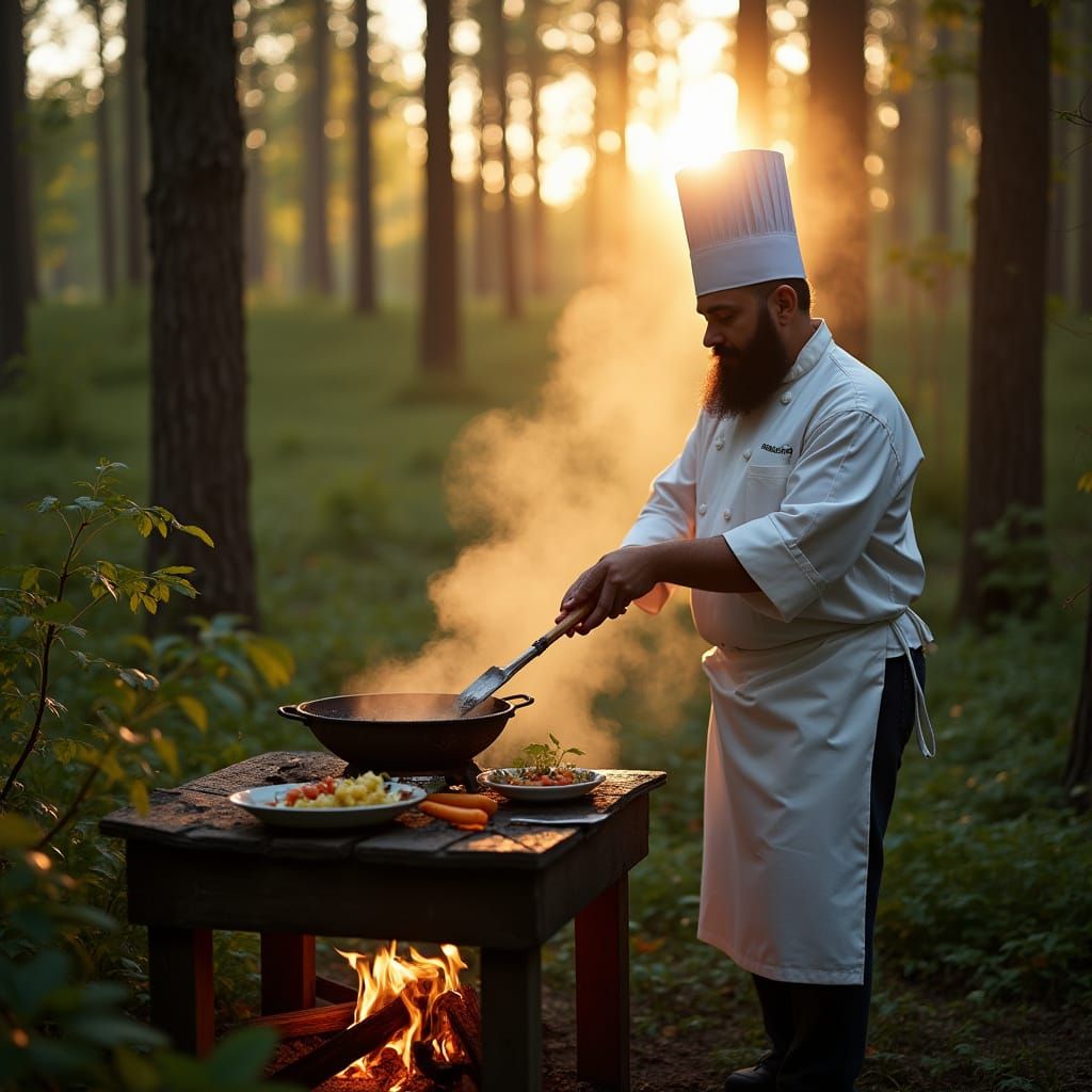 Chef Cooks Gourmet Food in Forest at Golden Hour
