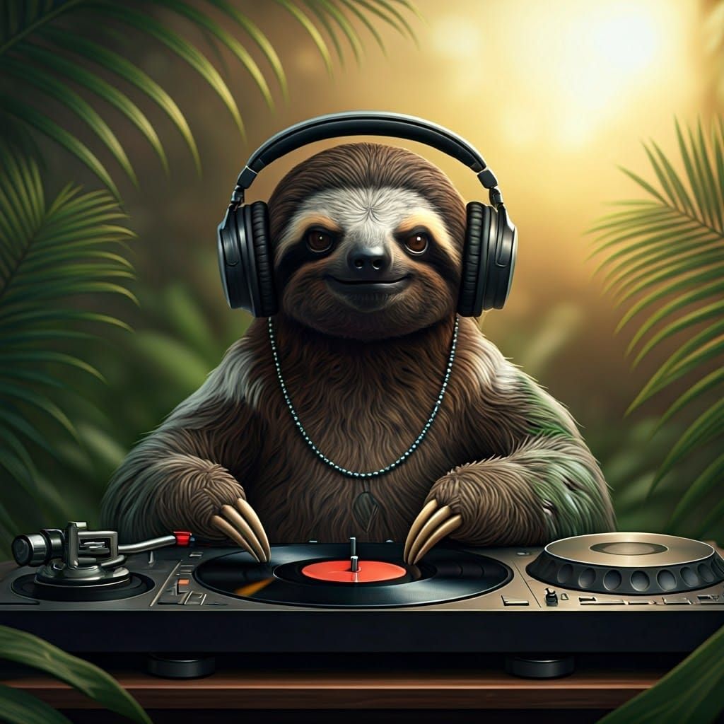 Sloth DJ in Natural Light, Fashion Photography