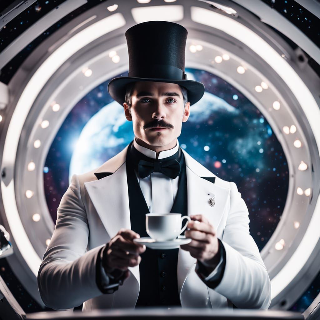 Victorian Man Sipping Tea on Spaceship