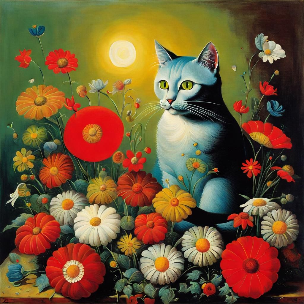 Cat Surrounded by Flowers in Surrealist Style