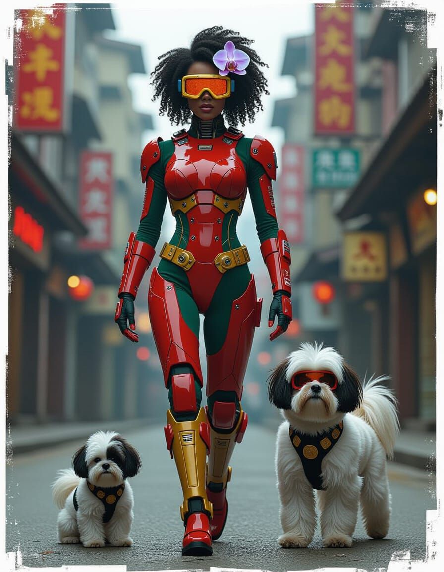 Afro-Futuristic Cyborg Woman and Dog in Neon Cityscape