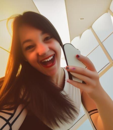 silly selfie pose, photography, selfie, silly face expression, beautiful young woman, photo taken with a phone, hdr,shar...