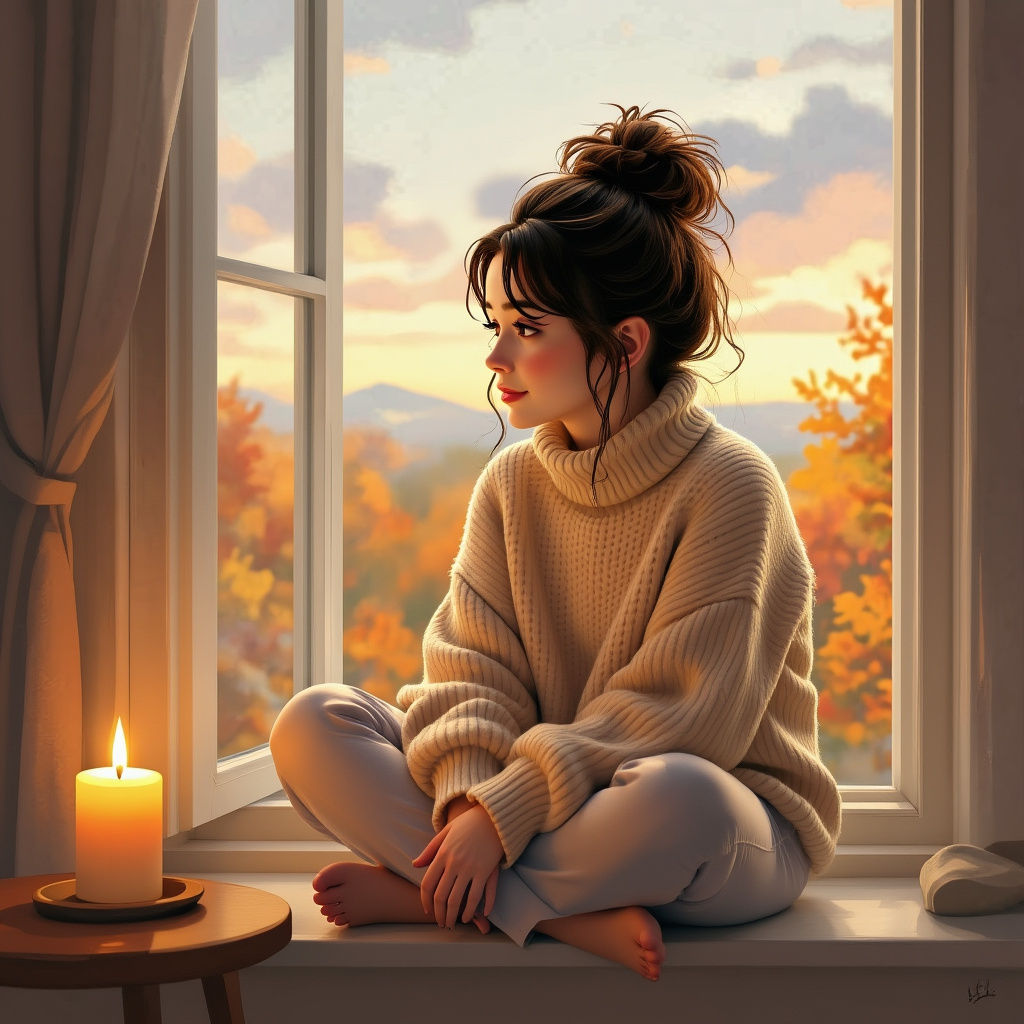 Cozy Girl Admiring Colorful Autumn Leaves