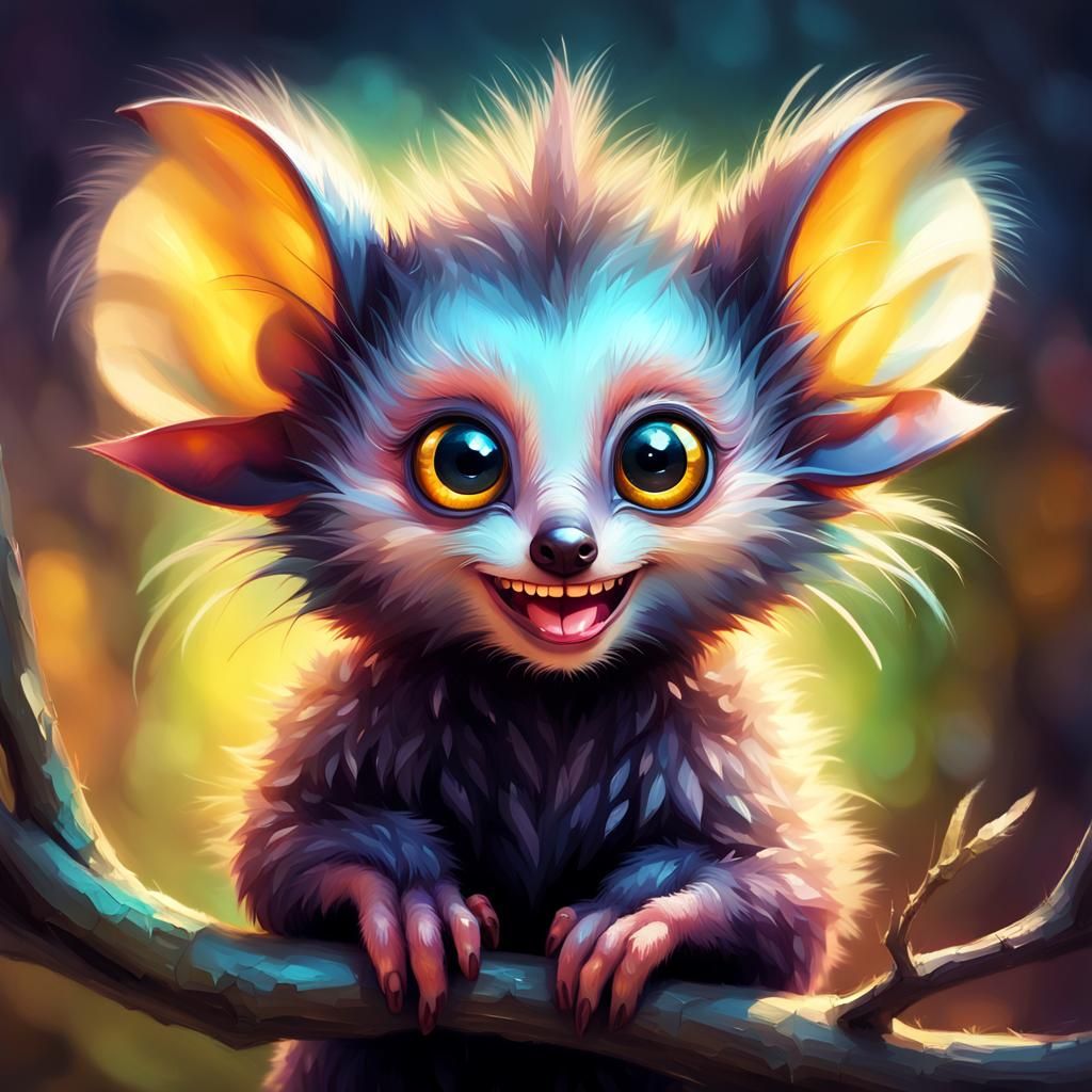 Adorable Baby Aye-Aye with Sparkling Eyes in Oil Painting