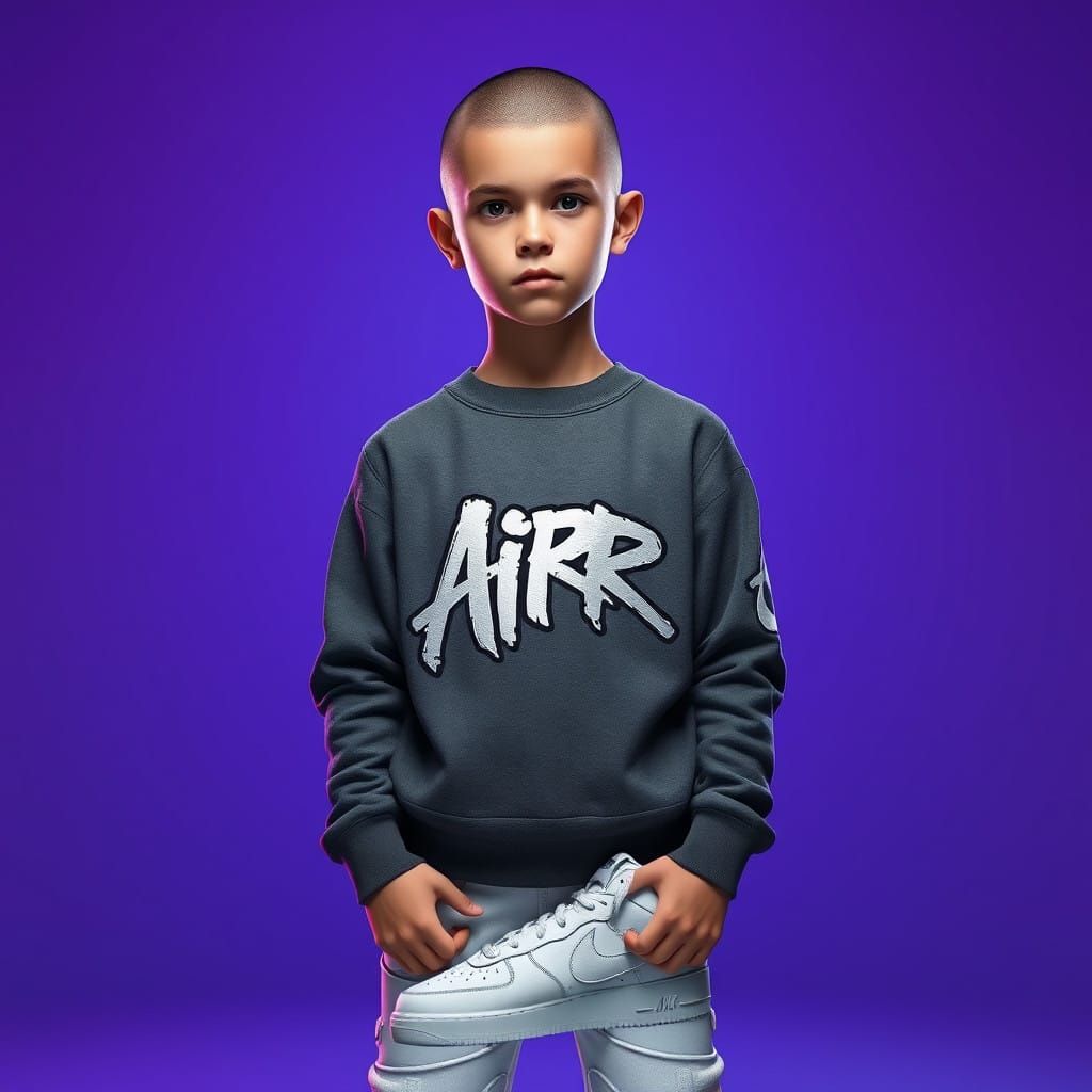 Young Boy Wears Bold 'AIR' Sweater with Nike Logo in Neon Bl...
