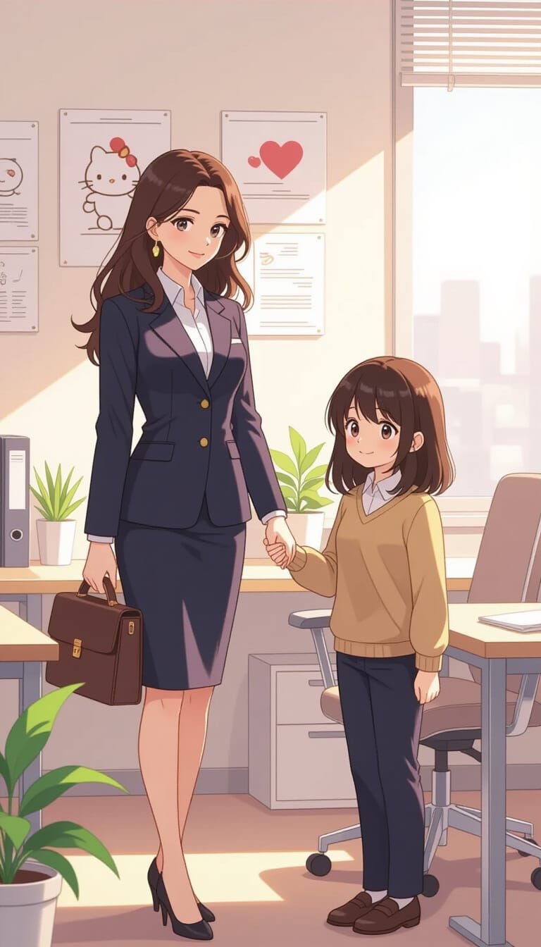 Charming Office Scene: Woman and Teenager in Pastel Chibi St...