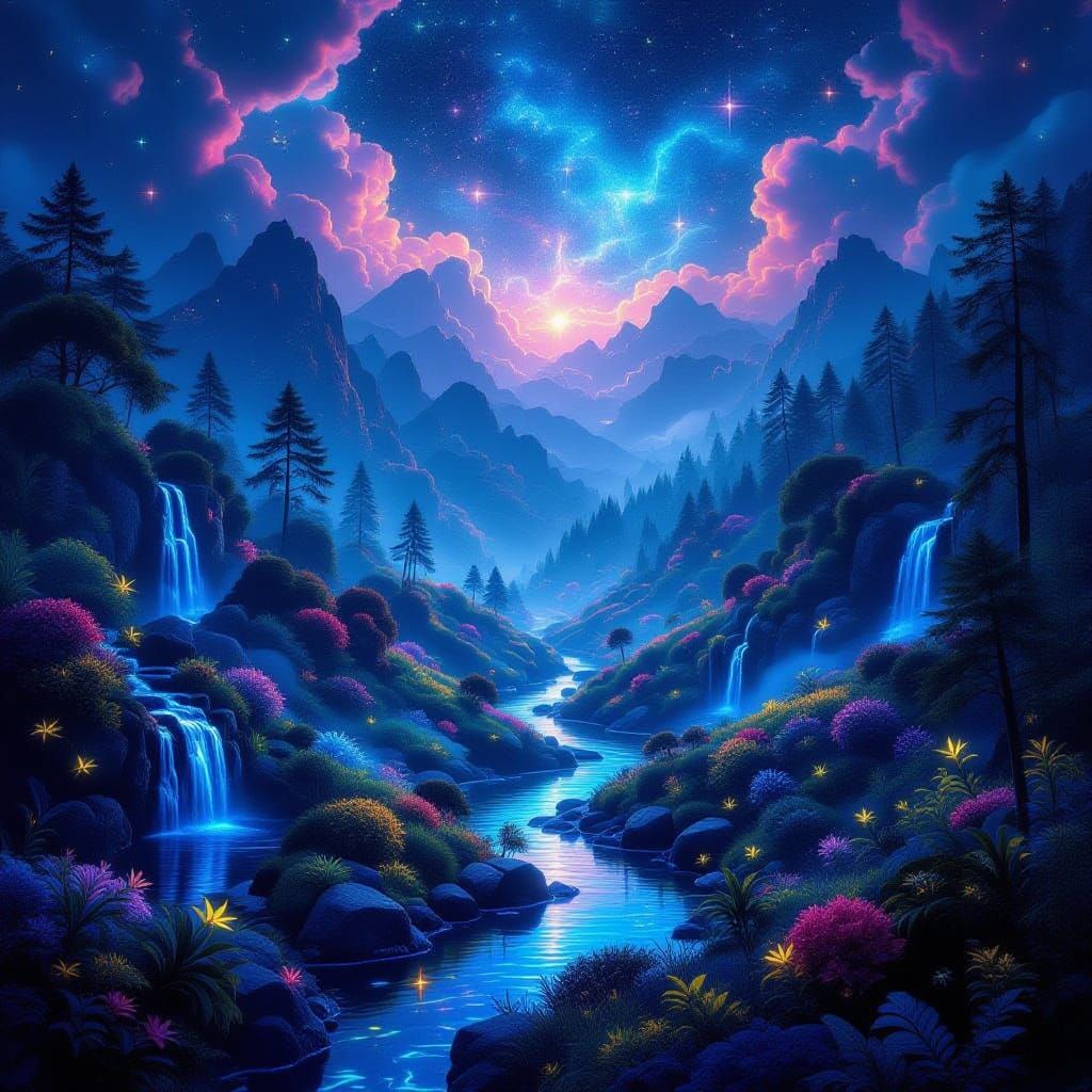 Enchanted Fractal Forest at Night