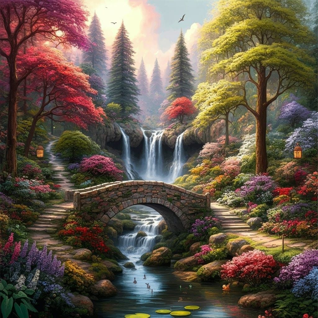 Magical Forest Bridge in Watercolor Style