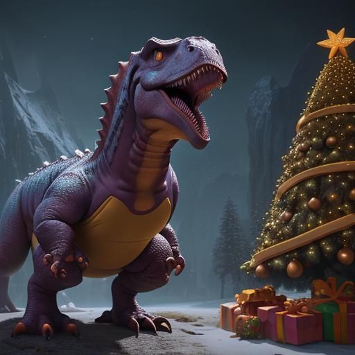 Dinosaur with Sunglasses Beside Christmas Tree